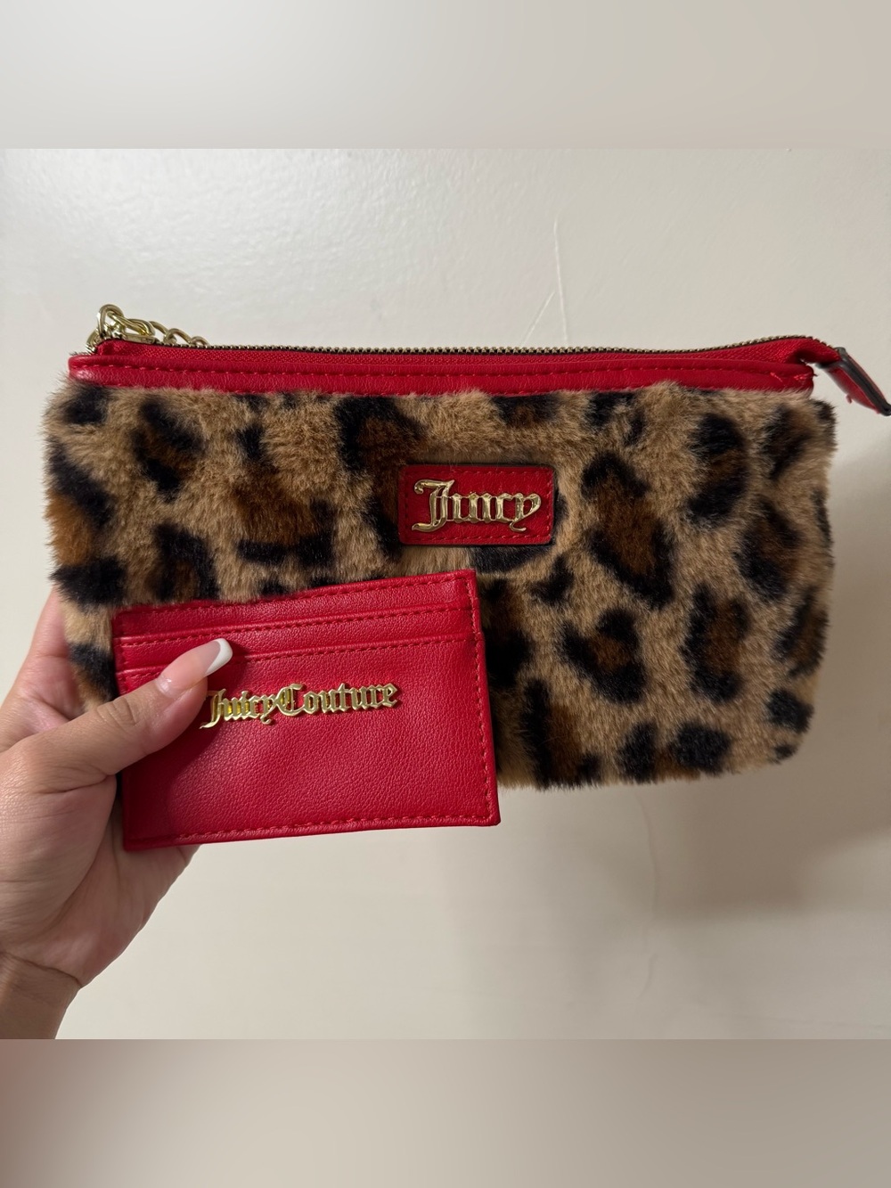 Juicy Couture Leopard Faux Fur Clutch with Red Card Holder